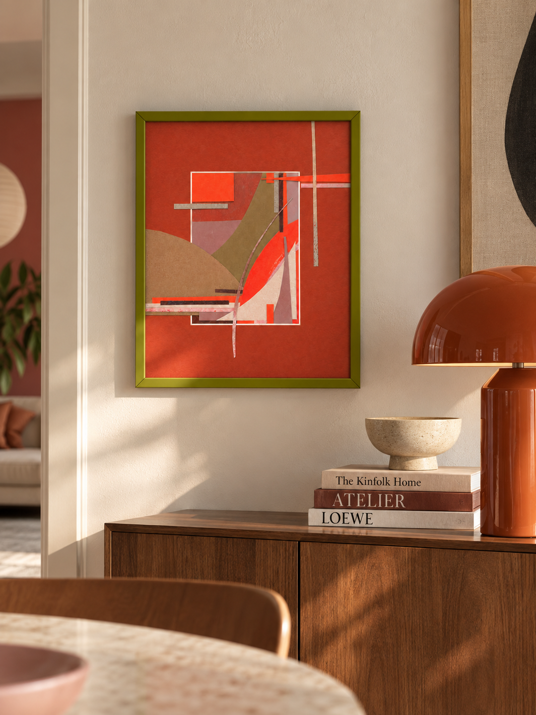 Framed artwork created during Marijn Vink’s colourful collage art workshop, displayed in a modern interior, by the former co-founder of Enkel Art Studio in Zeist near Utrecht.