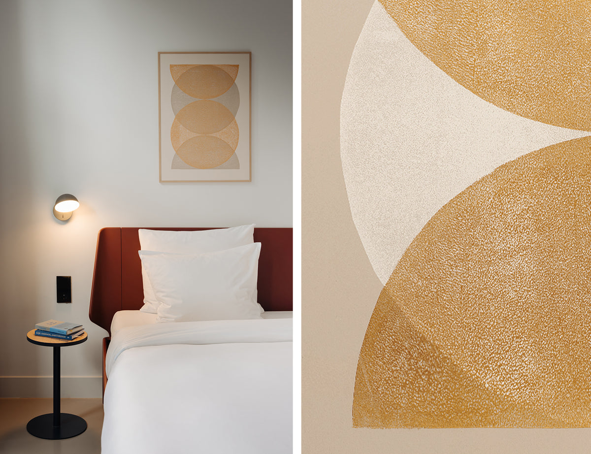 Colourful handmade artwork by artist Marijn Vink for Conscious Hotel Amsterdam, contemporary hotel art and modern wall art created for a unique hospitality interior.