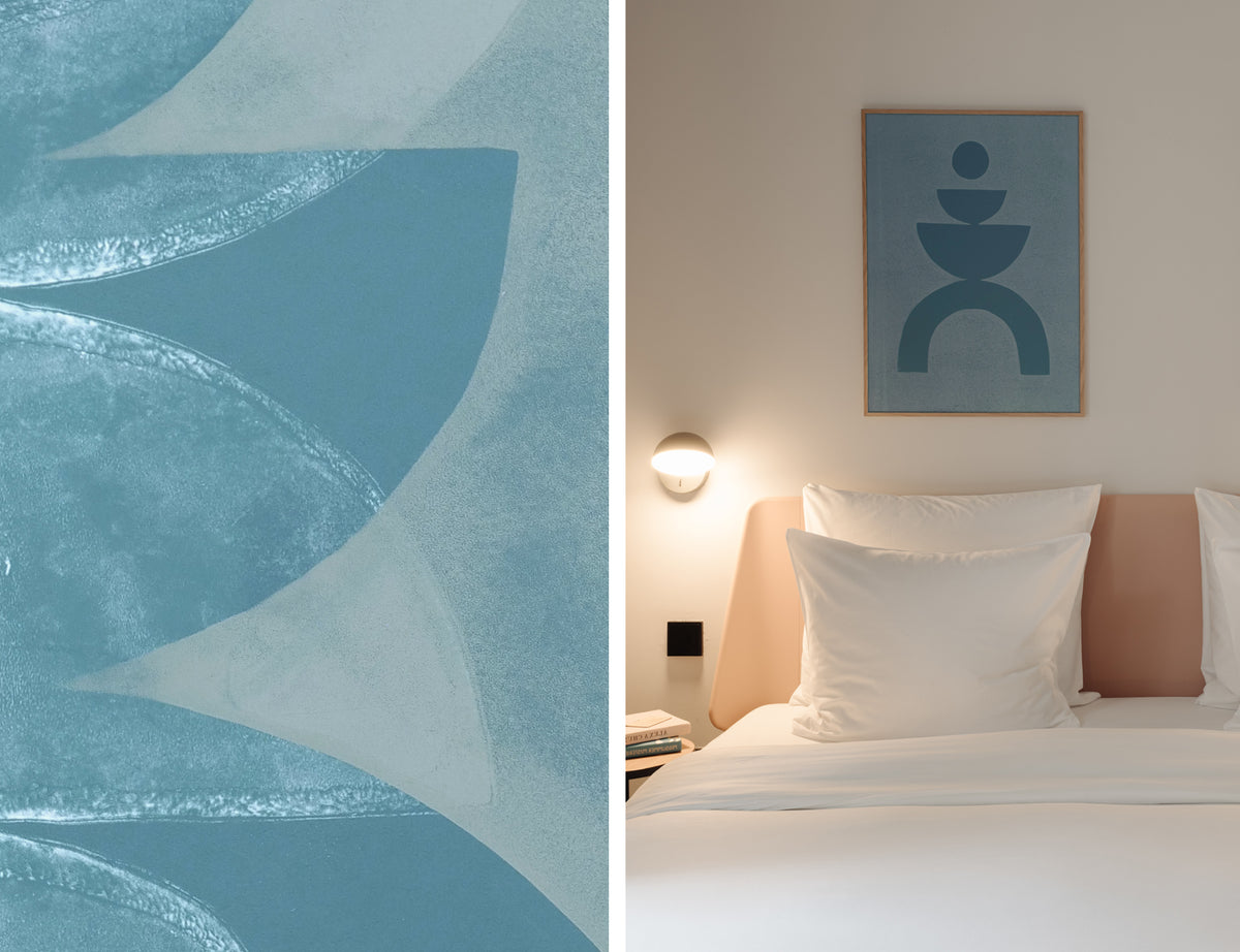 Contemporary handmade art by Marijn Vink displayed at Conscious Hotel Amsterdam, bringing bold colour and original artwork into the hotel interior.