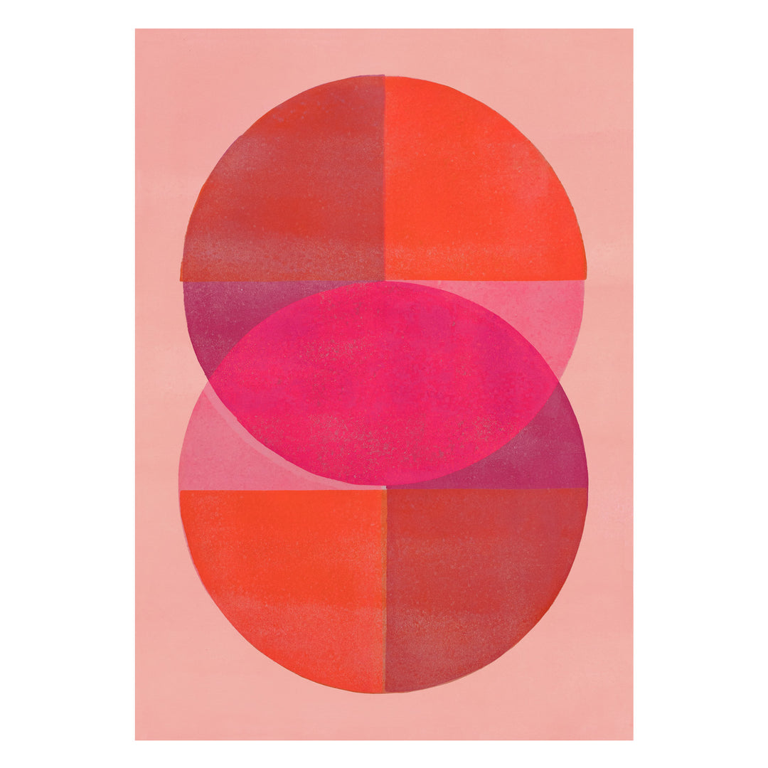 Pink and orange abstract wall art by Marijn Vink in a colourful modern interior