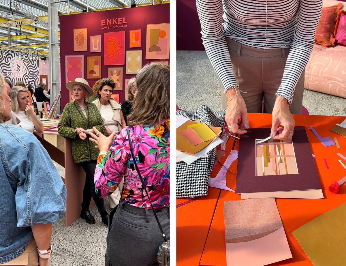 Colourful collage art workshop by Marijn Vink at the vtwonen event, creating contemporary artwork with hand-printed papers.