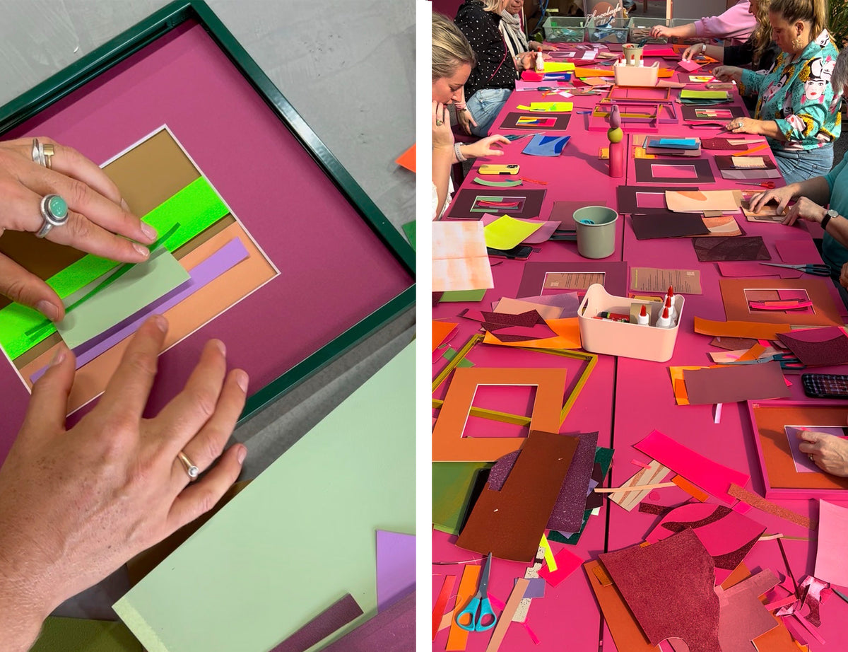 Creative collage workshop at vtwonen with artist Marijn Vink, using colourful papers, shapes and composition to create unique handmade art.